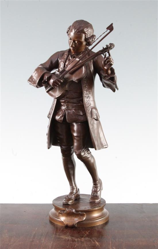 Adrien Etienne Gaudez (1845-1902). A patinated bronze study of young Mozart standing tuning his violin, 13.25in.